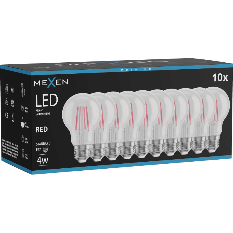 Mexen Vintis 10x LED filament izzó E27, A60, 4W, 55 lm, piros - L150-E27-04XX-45x10