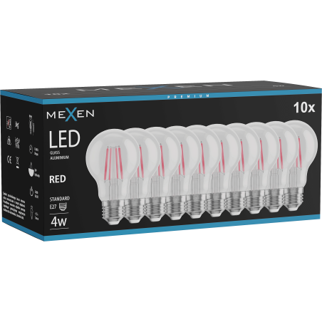 Mexen Vintis 10x LED filament izzó E27, A60, 4W, 55 lm, piros - L150-E27-04XX-45x10