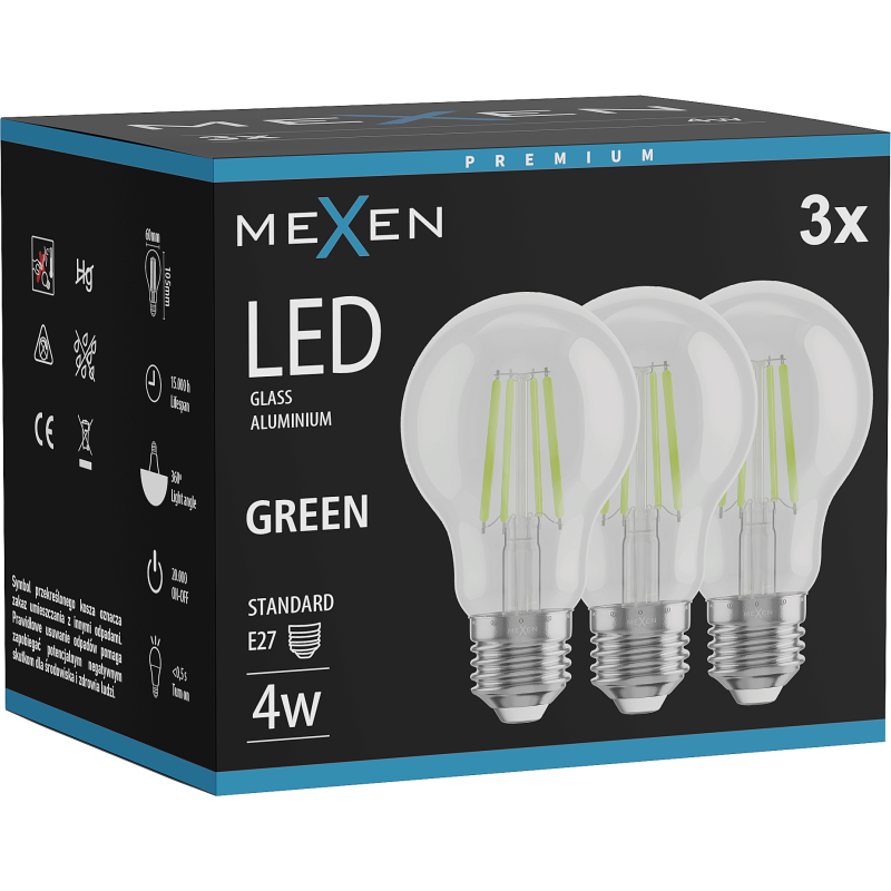 Mexen Vintis 3x Becuri cu filament LED E27, A60, 4W, 55 lm, verde - L150-E27-04XX-46x03