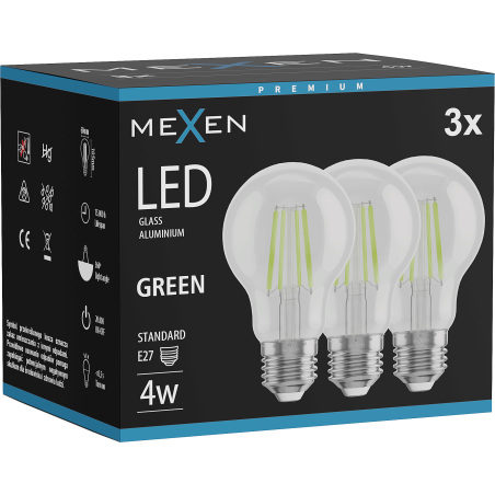 Mexen Vintis 3x filament LED izzó E27, A60, 4W, 55 lm, zöld - L150-E27-04XX-46x03