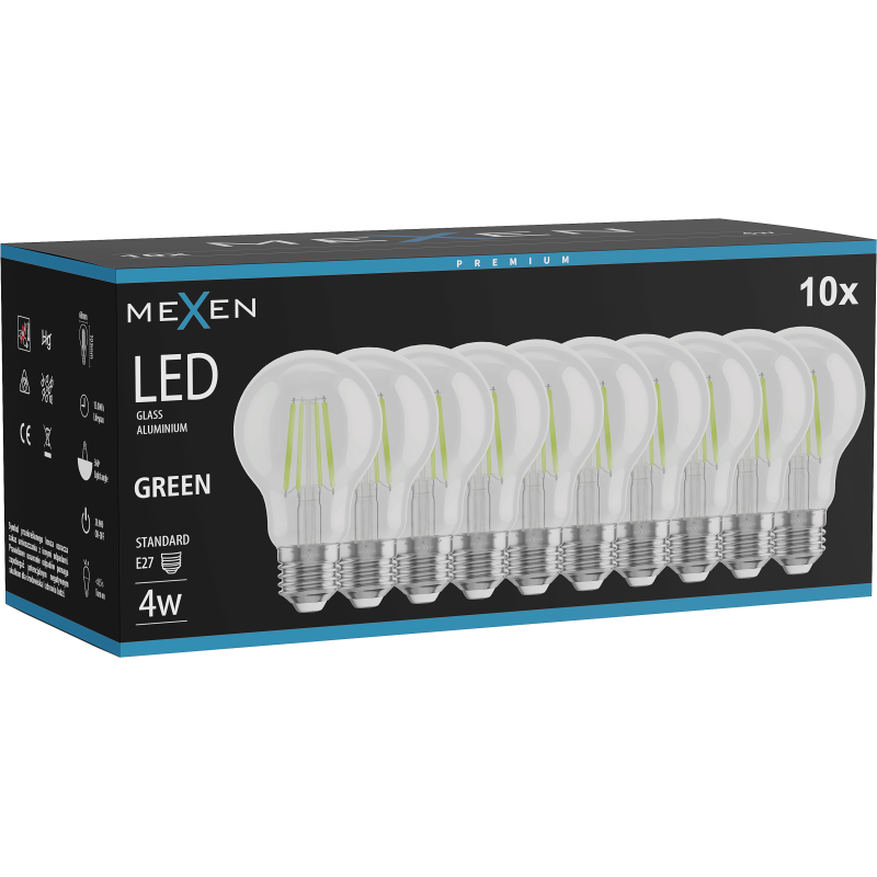 Mexen Vintis 10x Bec filament LED E27, A60, 4W, 55 lm, verde - L150-E27-04XX-46x10