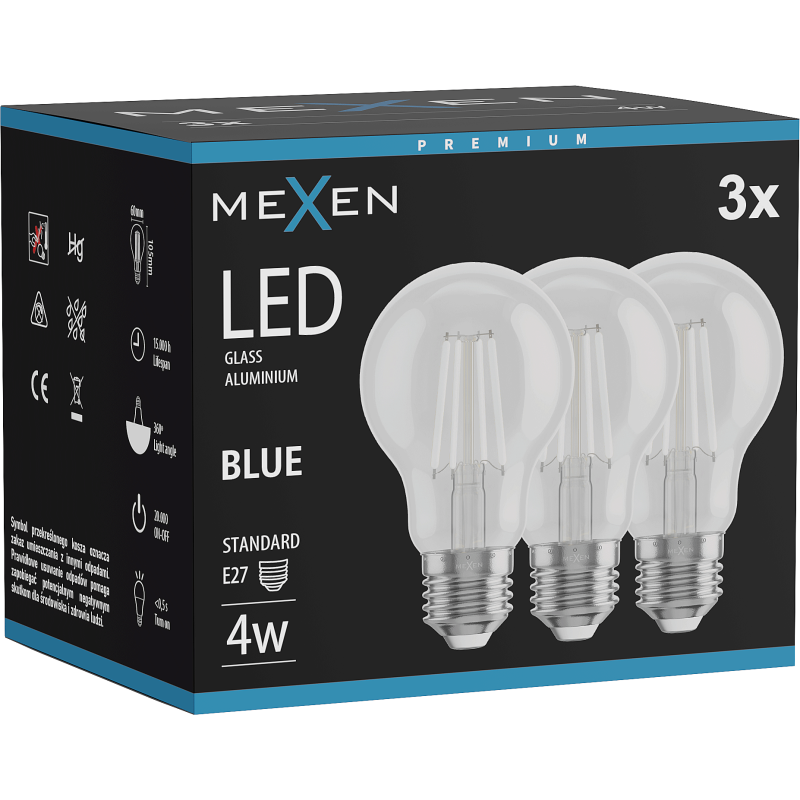 Mexen Vintis 3x LED filament izzó E27, A60, 4W, 55 lm, kék - L150-E27-04XX-47x03