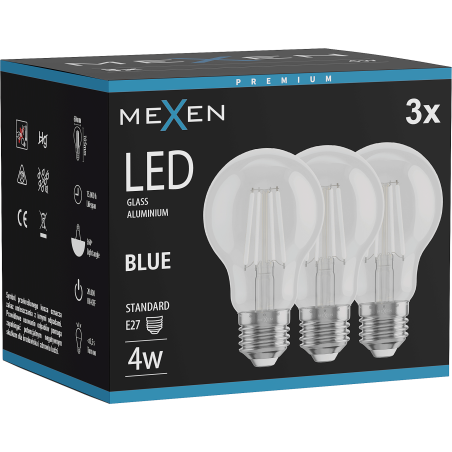 Mexen Vintis 3x LED filament izzó E27, A60, 4W, 55 lm, kék - L150-E27-04XX-47x03