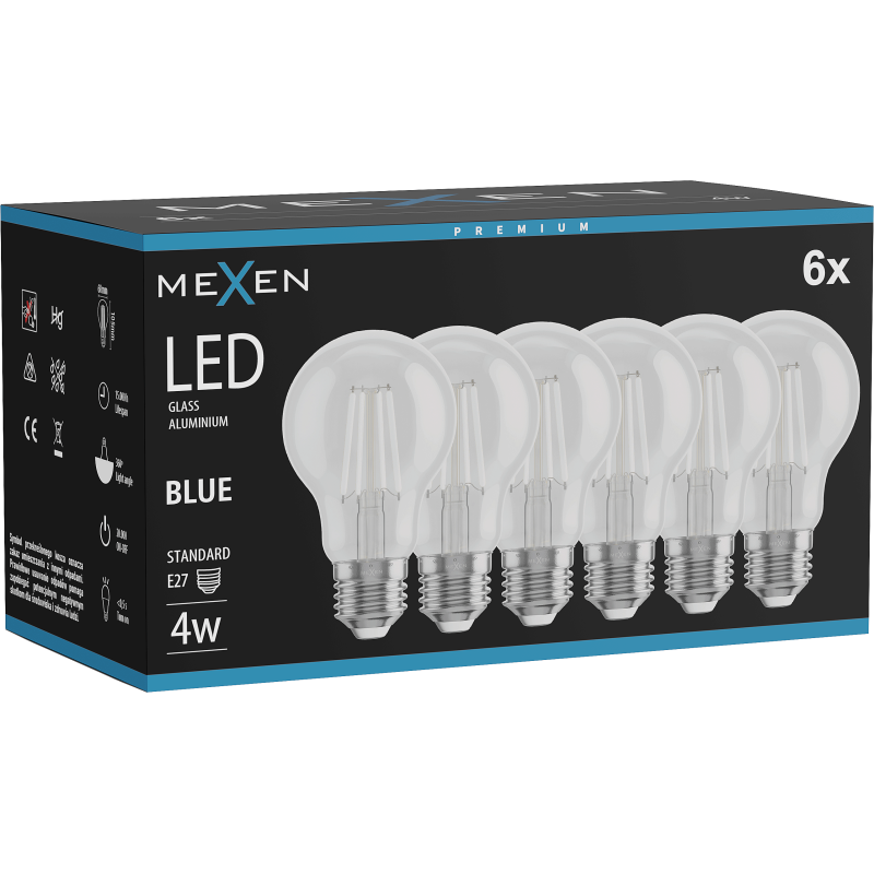 Mexen Vintis 6x LED filament izzó E27, A60, 4W, 55 lm, kék - L150-E27-04XX-47x06