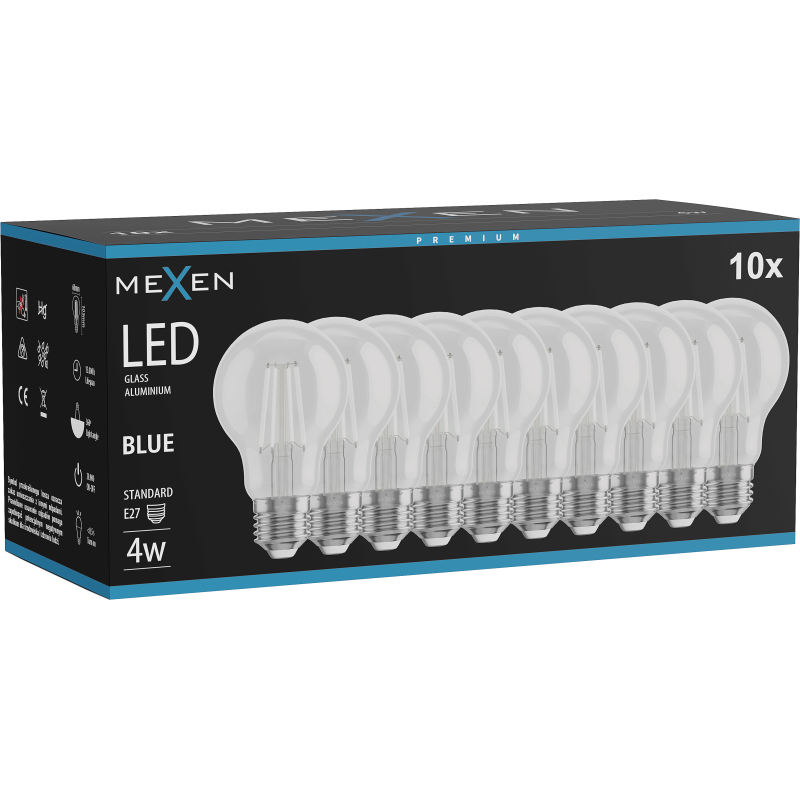 Mexen Vintis 10x LED filament izzó E27, A60, 4W, 55 lm, kék - L150-E27-04XX-47x10