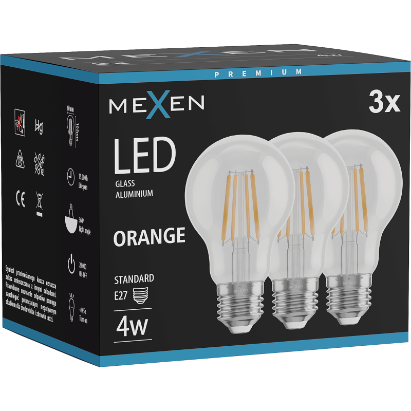 Mexen Vintis 3x LED filament izzó E27, A60, 4W, 55 lm, narancssárga - L150-E27-04XX-48x03