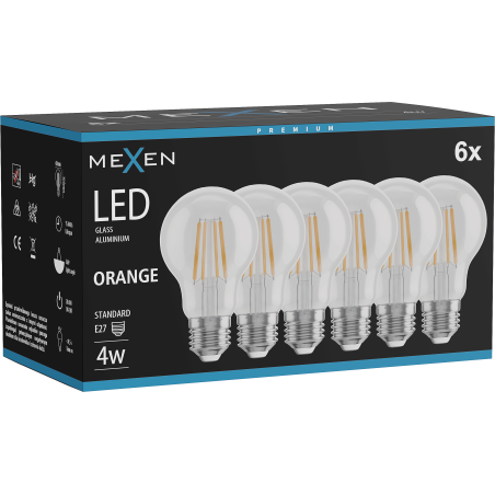 Mexen Vintis 6x LED filament izzó E27, A60, 4W, 55 lm, narancs - L150-E27-04XX-48x06