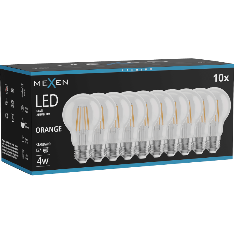 Mexen Vintis 10x LED filament izzó E27, A60, 4W, 55 lm, narancs - L150-E27-04XX-48x10