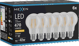 Mexen Vintis 6x Bec filament LED E27, A60, 4W, Cald - 2200K, 470 lm, clar - L150-E27-0422-00x06
