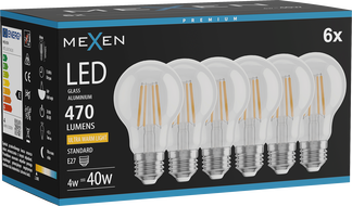 Mexen Vintis 6x LED filament izzó E27, A60, 4W, Meleg - 2200K, 470 lm, átlátszó - L150-E27-0422-00x06