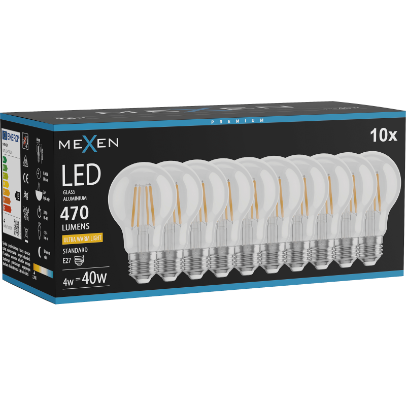 Mexen Vintis 10x LED filament izzó E27, A60, 4W, Meleg - 2200K, 470 lm, átlátszó - L150-E27-0422-00x10