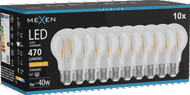 Mexen Vintis 10x Bec Filament LED E27, A60, 4W, Cald - 2200K, 470 lm, transparent - L150-E27-0422-00x10