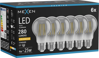 Mexen Vintis 6x LED filament izzó E27, A60, 4W, Meleg - 2200K, 280 lm, füstszínű - L150-E27-0422-70x06