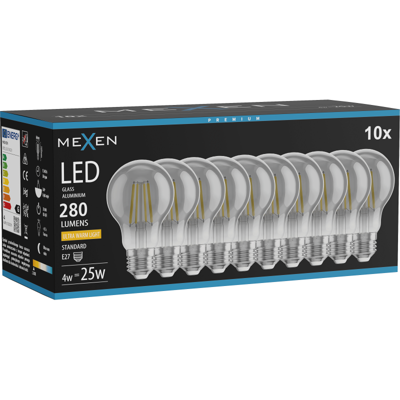 Mexen Vintis 10x Bec LED cu filament E27, A60, 4W, Caldă - 2200K, 280 lm, fumuriu - L150-E27-0422-70x10