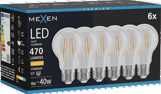 Mexen Vintis 6x Bec filament LED E27, A60, 4W, Caldă - 2700K, 470 lm, transparent - L150-E27-0427-00x06