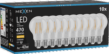 Mexen Vintis 10x Bec LED filament E27, A60, 4W, Cald - 2700K, 470 lm, clar - L150-E27-0427-00x10
