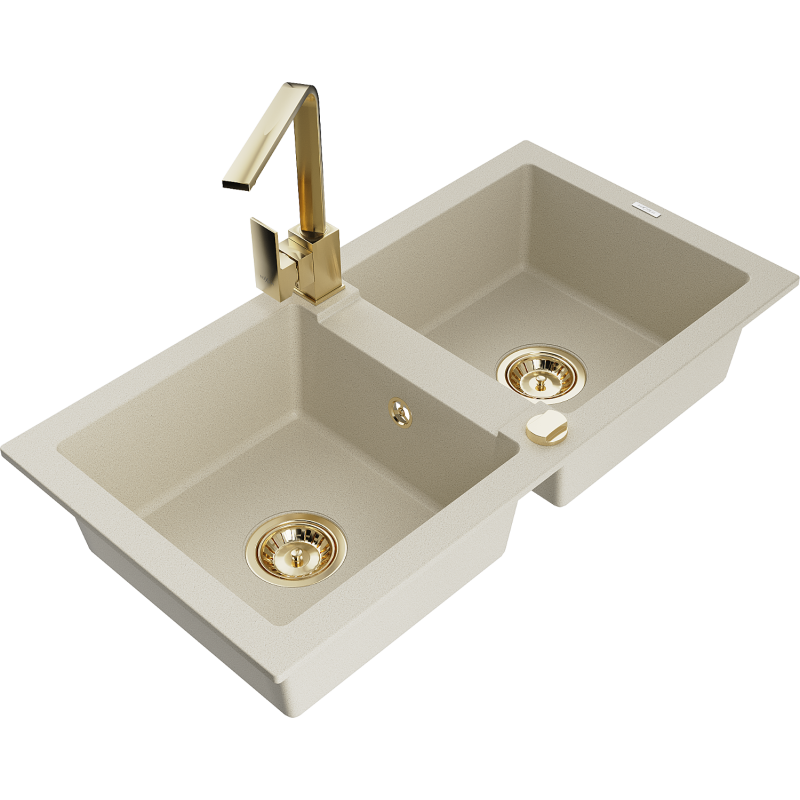 Mexen Mario gránit mosogató 2 rekeszes Rita konyhai csapteleppel, bézs - 6504-69-670300-50
