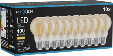 Mexen Vintis 10x LED filament izzó E27, A60, 4W, Meleg - 2700K, 400 lm, borostyánsárga - L150-E27-0427-50x10