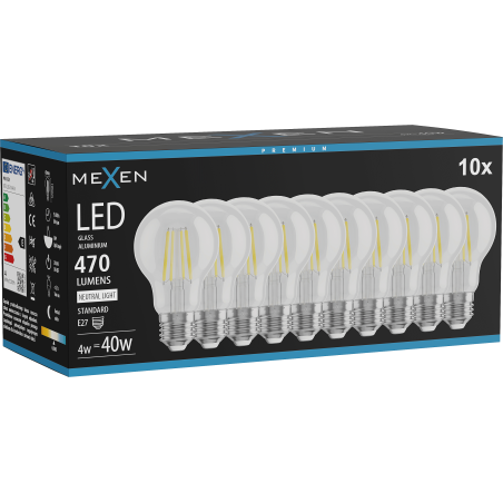 Mexen Vintis 10x Bec LED cu filament E27, A60, 4W, Neutru - 4000K, 470 lm, clear - L150-E27-0440-00x10