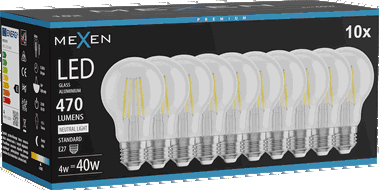 Mexen Vintis 10x Bec LED cu filament E27, A60, 4W, Neutru - 4000K, 470 lm, clear - L150-E27-0440-00x10