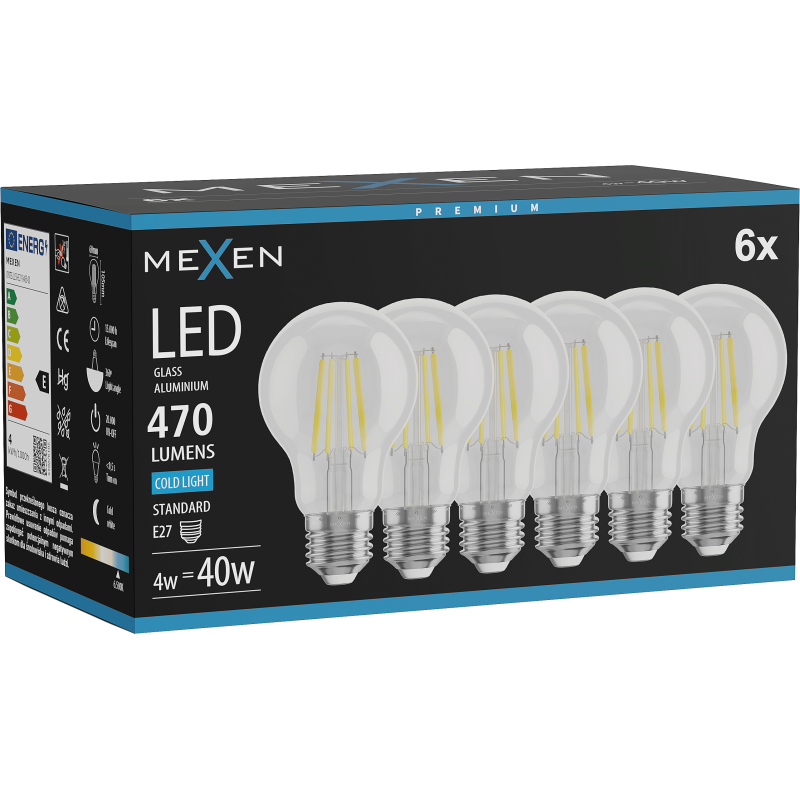Mexen Vintis 6x Bec cu filament LED E27, A60, 4W, Rece - 6500K, 470 lm, transparent - L150-E27-0465-00x06