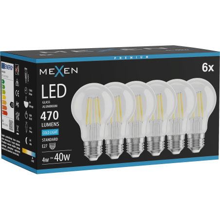 Mexen Vintis 6x Bec cu filament LED E27, A60, 4W, Rece - 6500K, 470 lm, transparent - L150-E27-0465-00x06