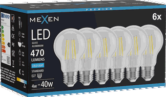 Mexen Vintis 6x Bec cu filament LED E27, A60, 4W, Rece - 6500K, 470 lm, transparent - L150-E27-0465-00x06