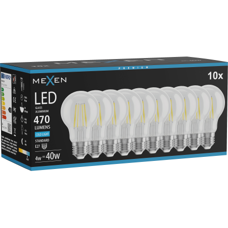 Mexen Vintis 10x LED izzólámpa filament, E27, A60, 4W, Hideg - 6500K, 470 lm, átlátszó - L150-E27-0465-00x10