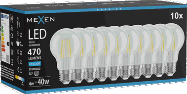 Mexen Vintis 10x Bec LED cu filament E27, A60, 4W, Rece - 6500K, 470 lm, transparent - L150-E27-0465-00x10