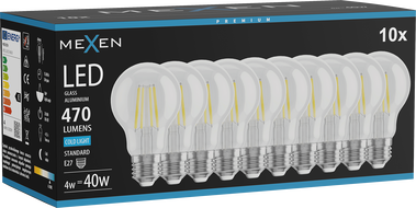 Mexen Vintis 10x LED izzólámpa filament, E27, A60, 4W, Hideg - 6500K, 470 lm, átlátszó - L150-E27-0465-00x10