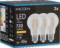 Mexen Vintis 3x Bec filament LED E27, A60, 6W, Cald - 2200K, 720 lm, clar - L150-E27-0622-00x03