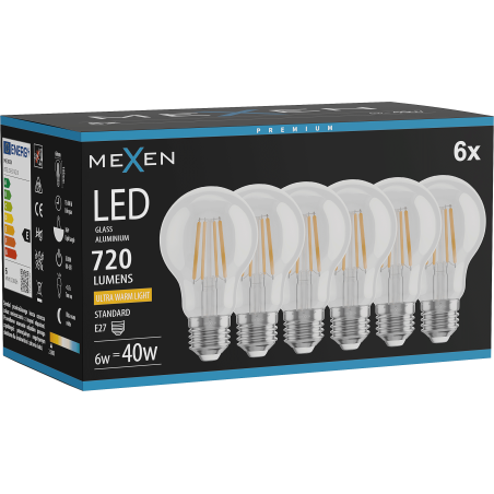 Mexen Vintis 6x LED filament izzó E27, A60, 6W, Meleg - 2200K, 720 lm, átlátszó - L150-E27-0622-00x06