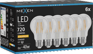 Mexen Vintis 6x Bec Filament LED E27, A60, 6W, Caldă - 2200K, 720 lm, clar - L150-E27-0622-00x06