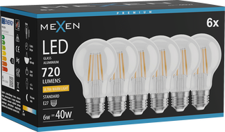 Mexen Vintis 6x LED filament izzó E27, A60, 6W, Meleg - 2200K, 720 lm, átlátszó - L150-E27-0622-00x06