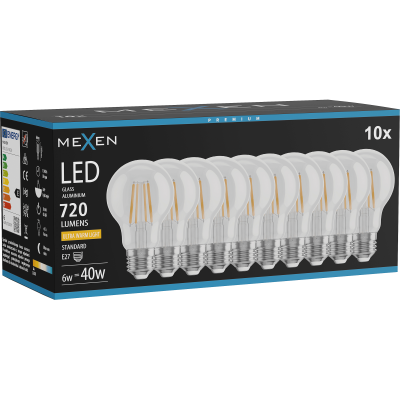 Mexen Vintis 10x Bec LED filament E27, A60, 6W, Caldă - 2200K, 720 lm, clar - L150-E27-0622-00x10