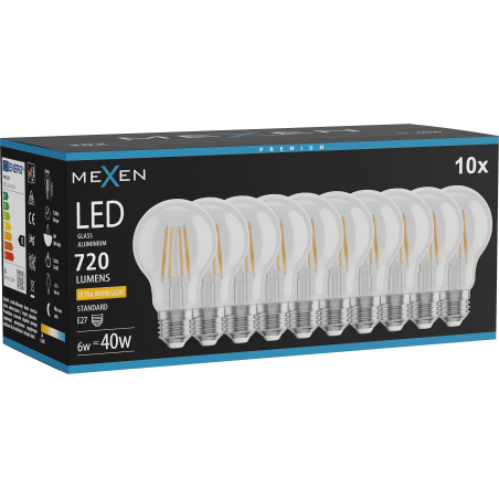 Mexen Vintis 10x Bec LED filament E27, A60, 6W, Caldă - 2200K, 720 lm, clar - L150-E27-0622-00x10