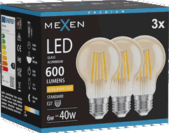 Mexen Vintis 3x Bec LED tip filament E27, A60, 6W, Caldă - 2200K, 600 lm, chihlimbar - L150-E27-0622-50x03