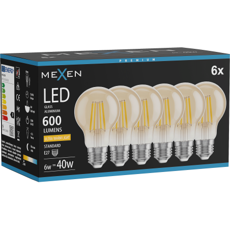 Mexen Vintis 6x Bec LED filament E27, A60, 6W, Caldă - 2200K, 600 lm, chihlimbar - L150-E27-0622-50x06