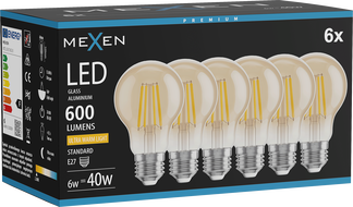 Mexen Vintis 6x LED filament izzó E27, A60, 6W, Meleg - 2200K, 600 lm, borostyán - L150-E27-0622-50x06