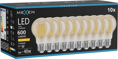 Mexen Vintis 10x LED filament izzó E27, A60, 6W, Meleg - 2200K, 600 lm, borostyánsárga - L150-E27-0622-50x10