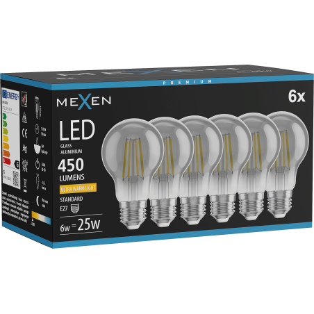 Mexen Vintis 6x Bec cu filament LED E27, A60, 6W, Caldă - 2200K, 450 lm, fumuriu - L150-E27-0622-70x06
