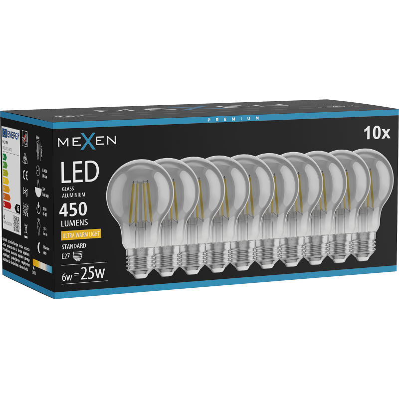 Mexen Vintis 10x Bec LED filament E27, A60, 6W, Calda - 2200K, 450 lm, fumuriu - L150-E27-0622-70x10