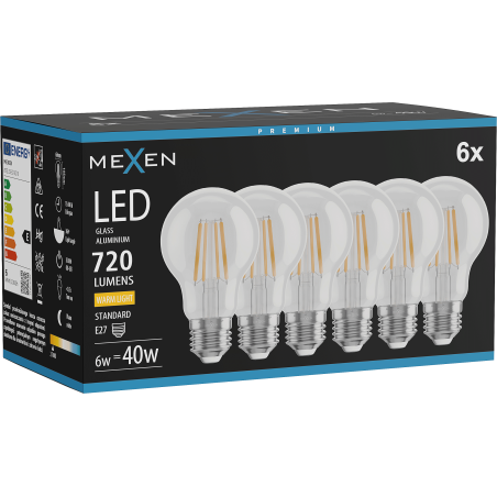 Mexen Vintis 6x LED filament izzó E27, A60, 6W, Meleg - 2700K, 720 lm, átlátszó - L150-E27-0627-00x06