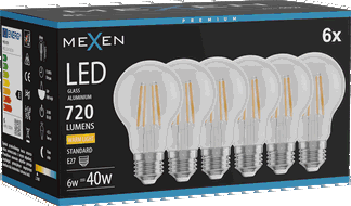 Mexen Vintis 6x Bec multiled filament LED E27, A60, 6W, Cald - 2700K, 720 lm, transparent - L150-E27-0627-00x06