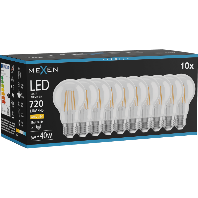 Mexen Vintis 10x Filament LED izzó E27, A60, 6W, Meleg - 2700K, 720 lm, átlátszó - L150-E27-0627-00x10