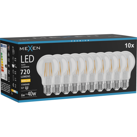 Mexen Vintis 10x Bec LED Filament E27, A60, 6W, Cald - 2700K, 720 lm, clar - L150-E27-0627-00x10