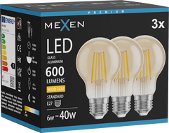 Mexen Vintis 3x LED filament izzó E27, A60, 6W, Meleg - 2700K, 600 lm, borostyán - L150-E27-0627-50x03
