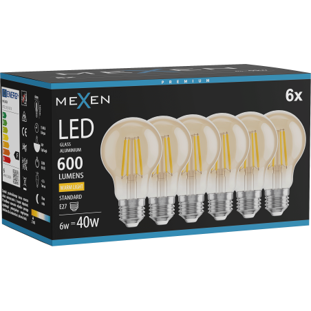 Mexen Vintis 6x LED filament izzó E27, A60, 6W, Meleg - 2700K, 600 lm, borostyánsárga - L150-E27-0627-50x06