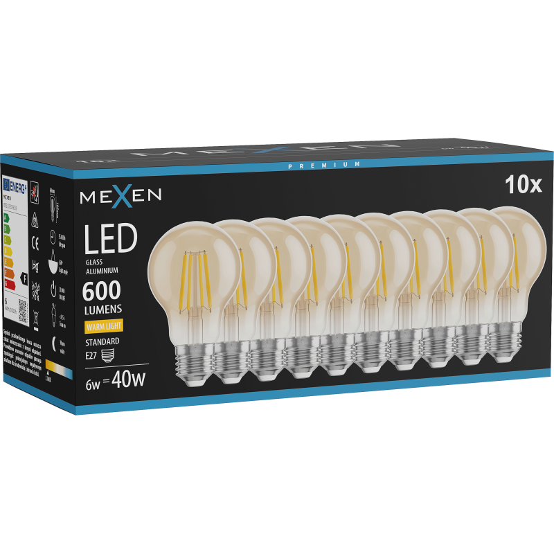 Mexen Vintis 10x Bec filament LED E27, A60, 6W, Cald - 2700K, 600 lm, chihlimbar - L150-E27-0627-50x10