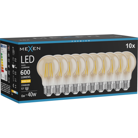 Mexen Vintis 10x LED filament izzó E27, A60, 6W, Meleg - 2700K, 600 lm, borostyán - L150-E27-0627-50x10